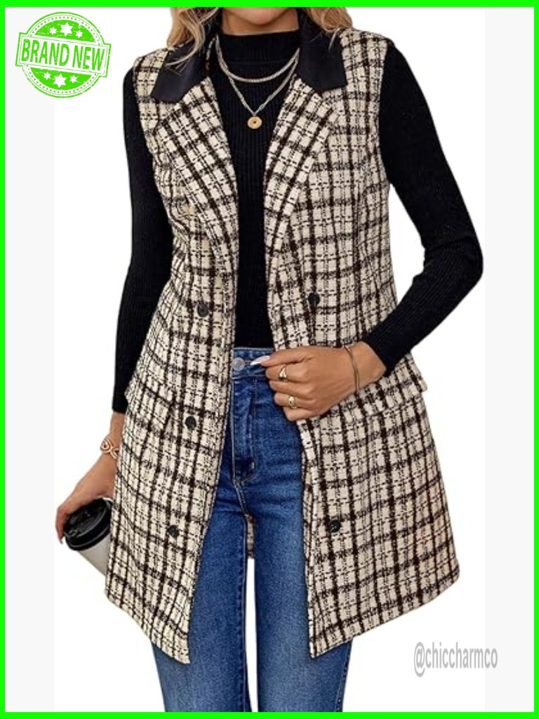 Long Tweed Vest Sleeveless Blazer Jacket Trench Coat Fall Winter Outerwear